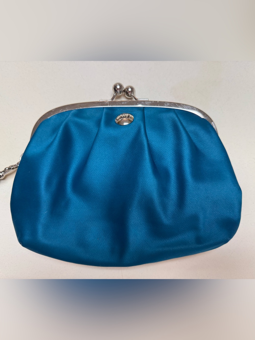 Coach Teal Blue Satin Kiss-Lock Clutch